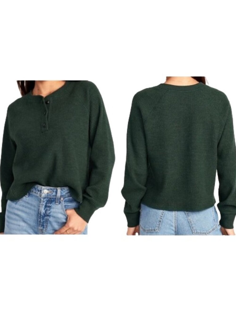 Old Navy Plus Green Waffle-Knit Henley Crop Top 488232 Cotton Blend Solid